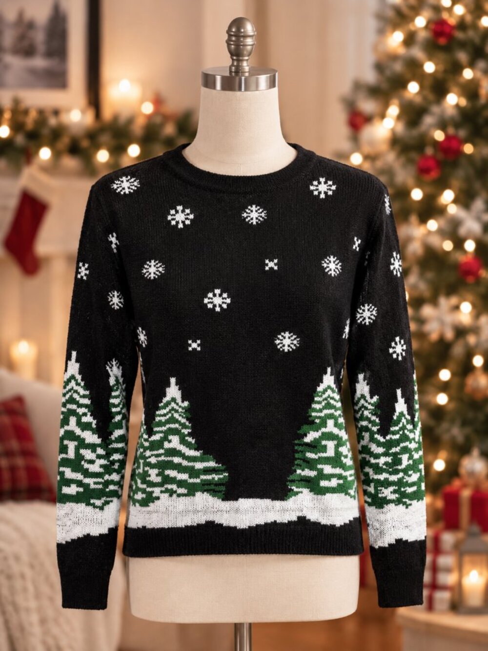 Tres Chic Christmas Tree Winter Snowflake Pullover Sweater L NWOT